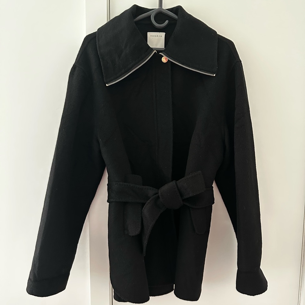 Sandro Black Wool Coat with Belt